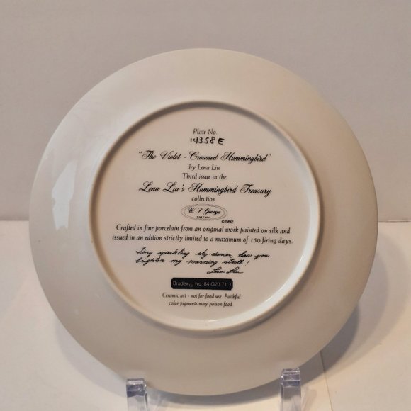 W L George Fine China "The Violet~ Crowned Hummingbird" Plate by Lena Liu 8" - Picture 8 of 10